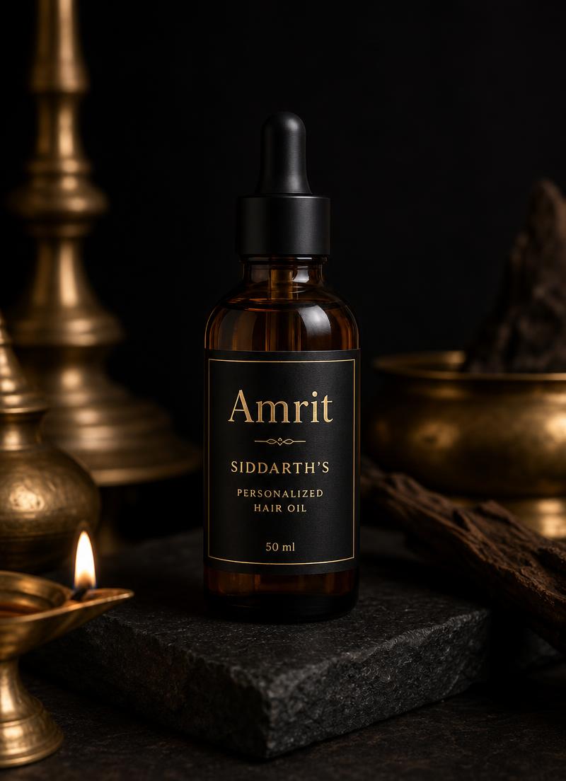 An amber glass bottle labelled Amrit, Personalized Hair Oil — an example personalized Amrit bottle