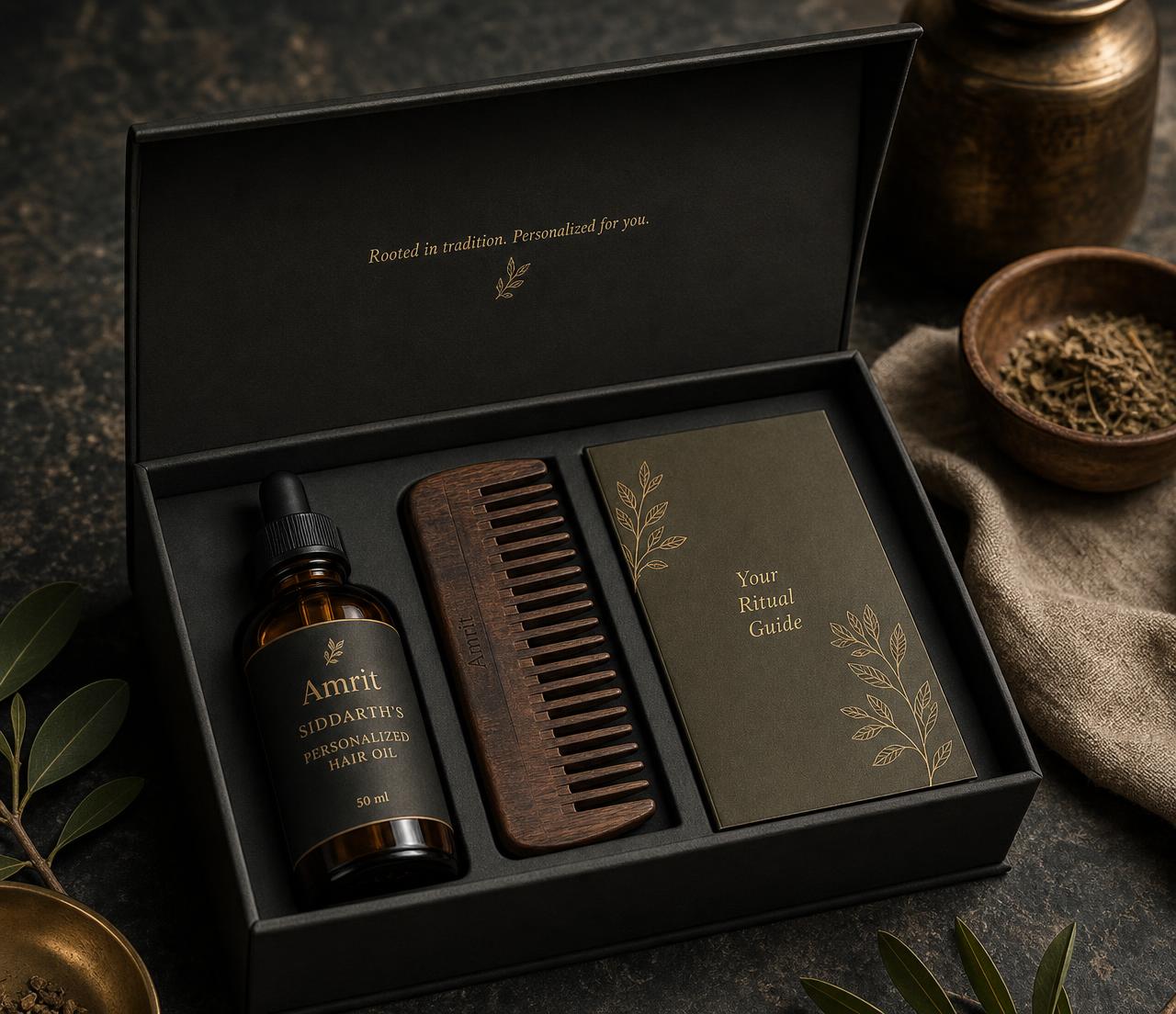 An open First Amrit Box containing an amber glass bottle of personalized Amrit hair oil, a reusable wooden comb, and a printed personalized ritual guide