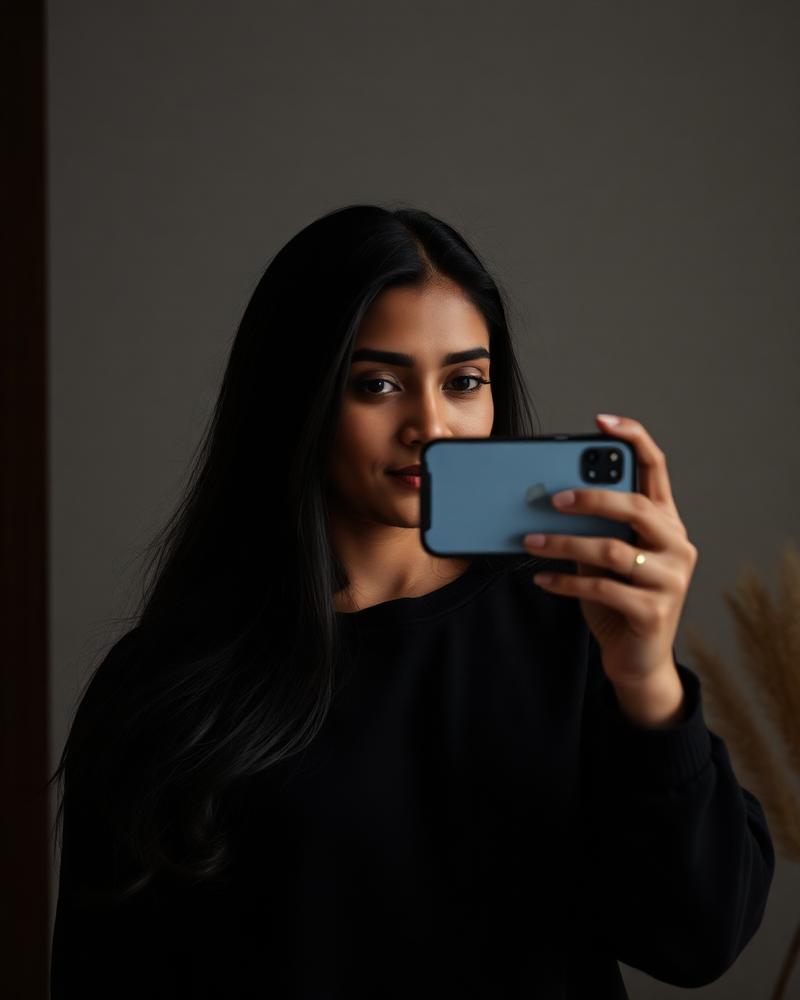 A woman taking a guided check-in photo with her phone