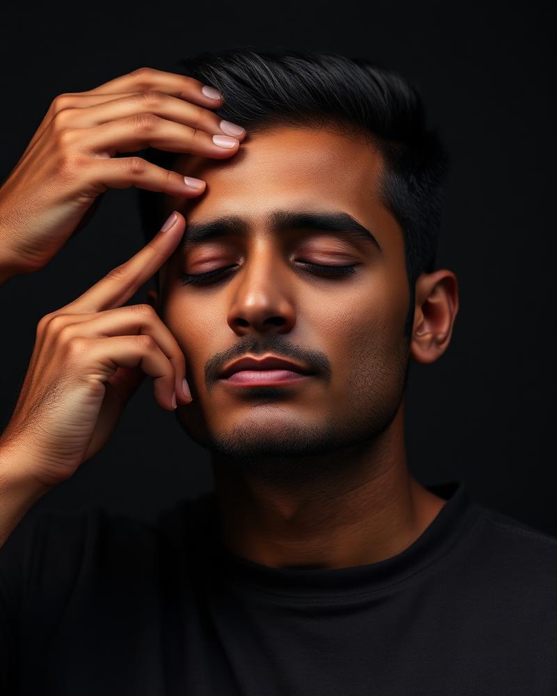 A calm man massaging oil into his scalp