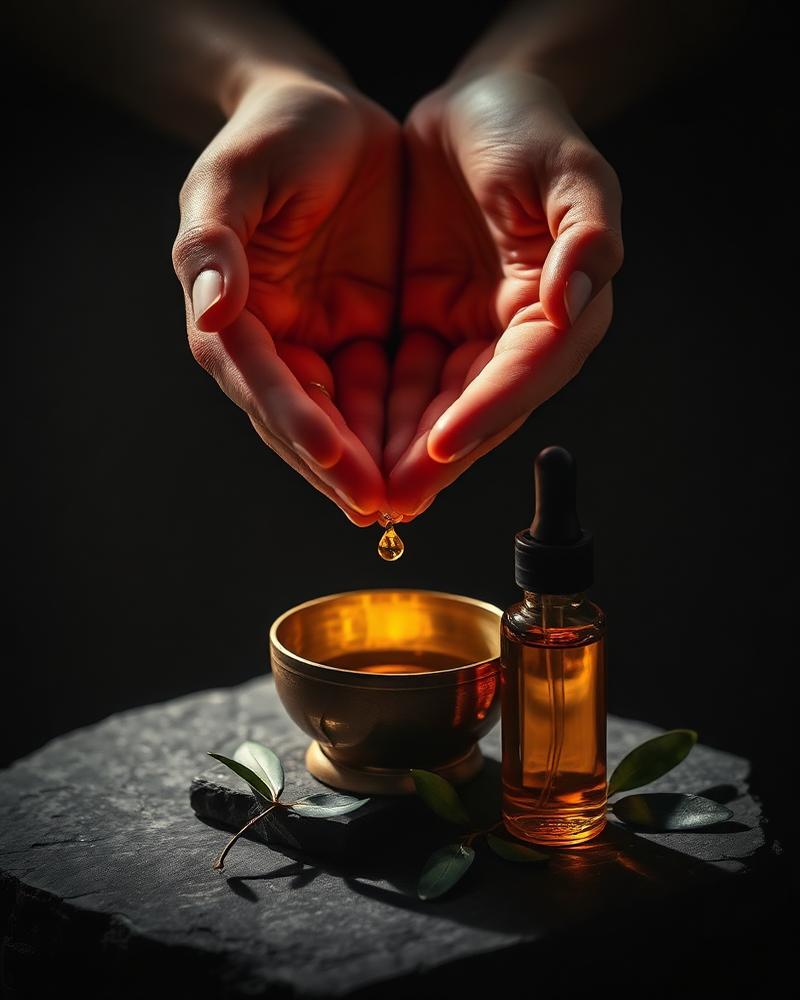 Hands warming a few drops of golden hair oil above a brass bowl